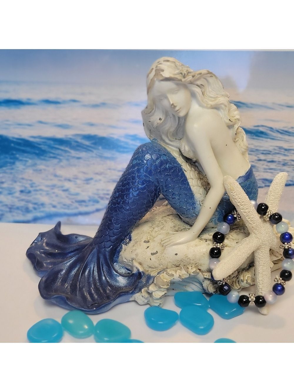 Mermaid Resin Glass Beaded Silver Flower 7" Bracelet
